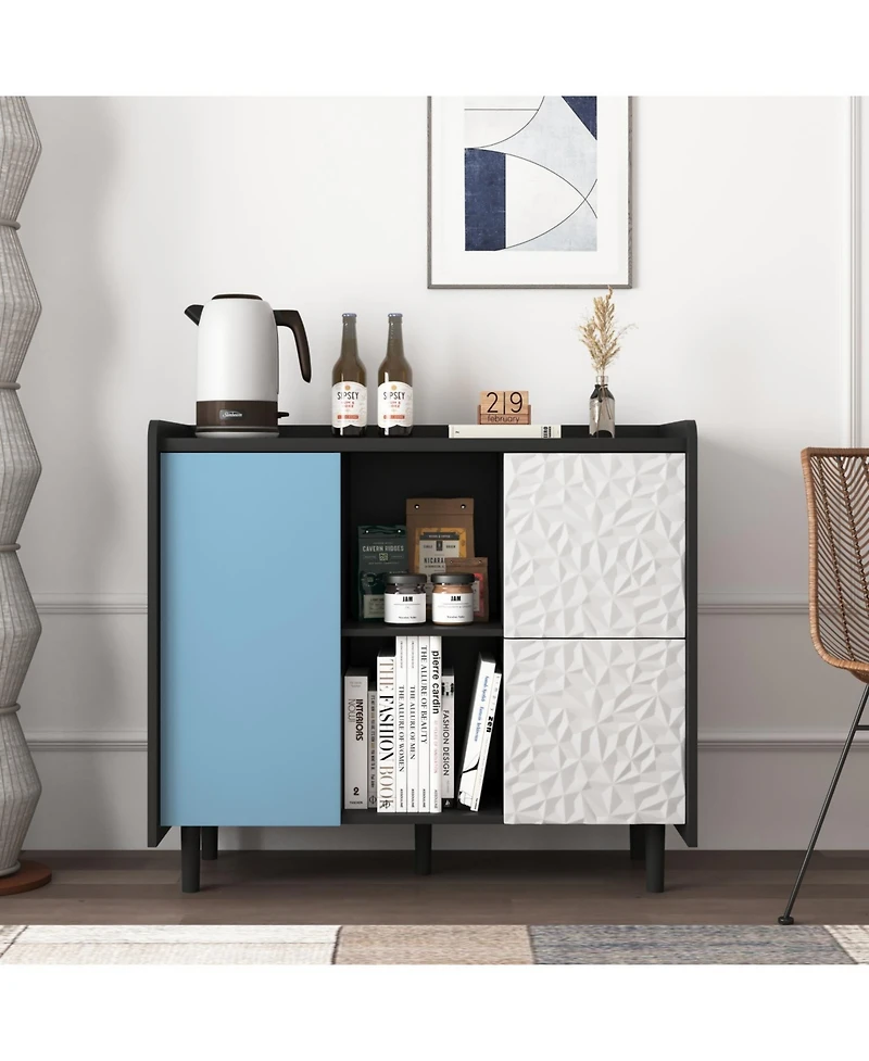 Streamdale Black Sideboard Cabinet with Red Doors, 2 Drawers