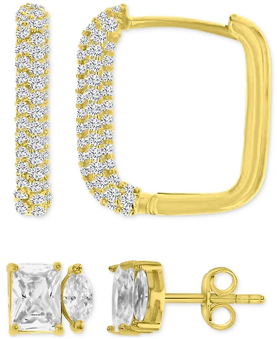 2-Pc. Set Cubic Zirconia Two-Stone Stud & Pave Square Hoop Earrings in 14k Gold-Plated Sterling Silver