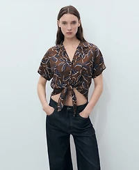 Mango Women's Floral-Print Knot Detail Cropped Shirt