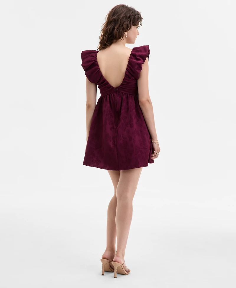 Row A Juniors' Jacquard Ruffled Babydoll Mini Dress