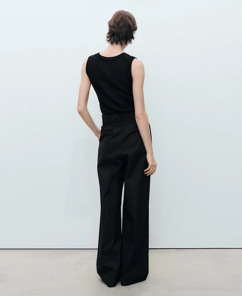 Mango Women's Belted Wide Leg Cotton Pants