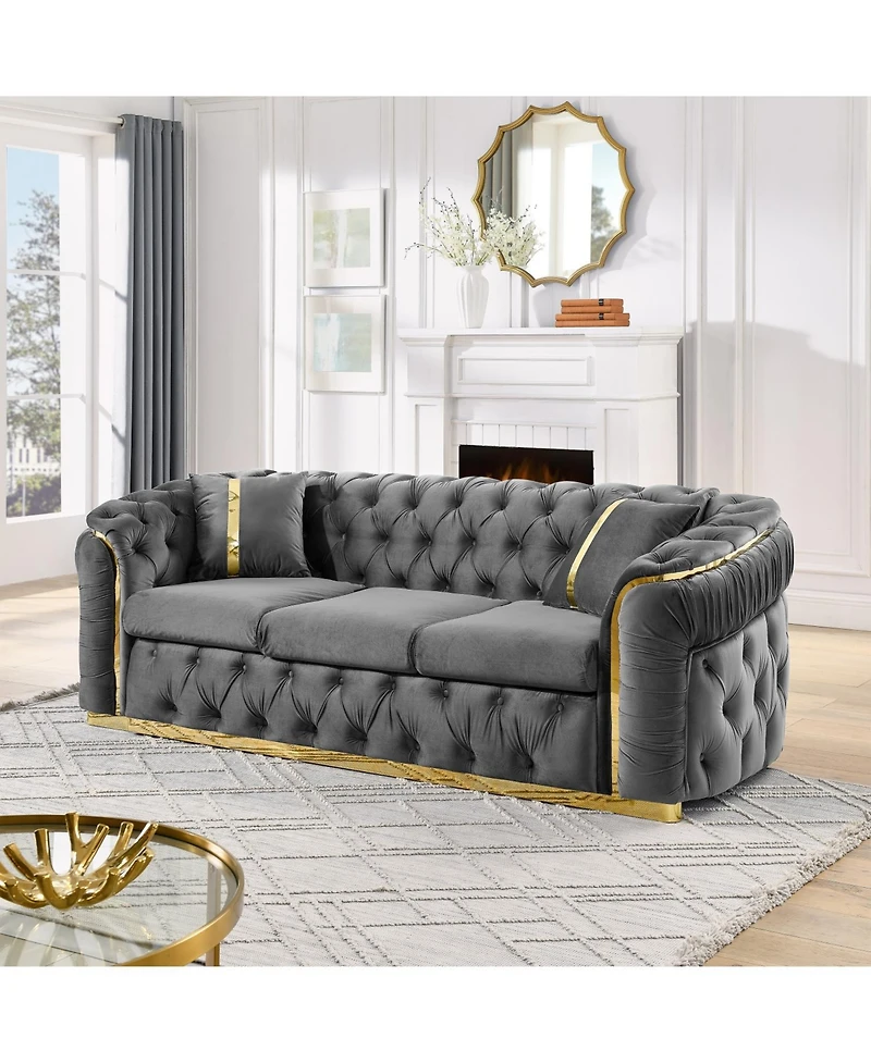Streamdale 90" Velvet Button Tufted Chesterfield Sofa - Gray