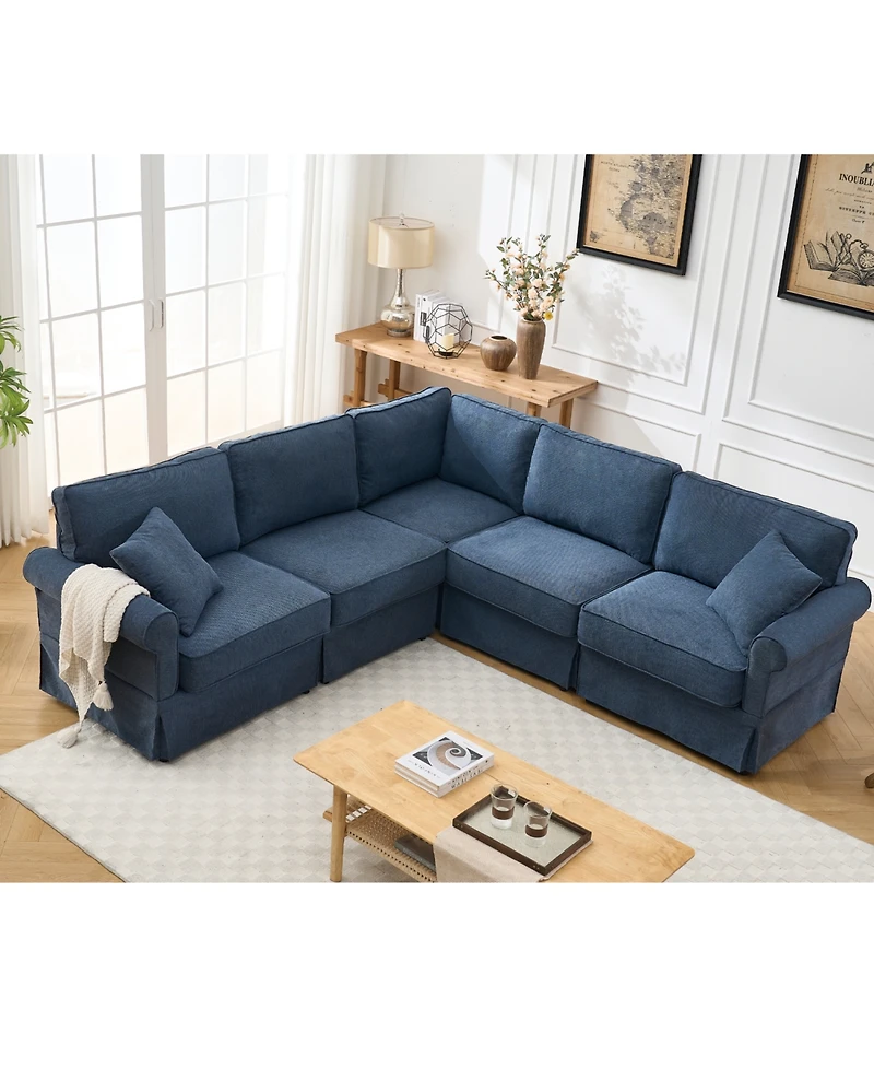 Streamdale Convertible Sectional Sofa Set 5-Seat L-Shaped Couch, Reversible U-Shape with Rolled Arms in Soft Dark Blue Linen