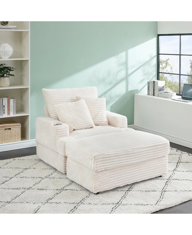 Streamdale Corduroy Armchair & Ottoman Set with Cup Holder