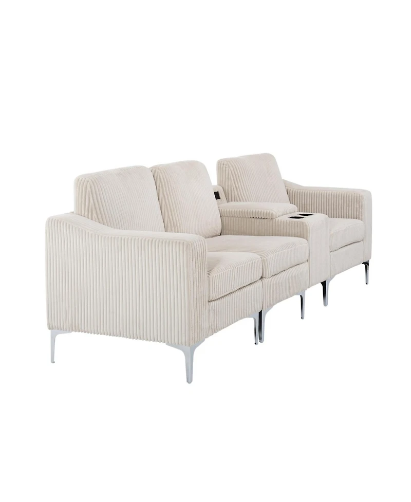 Convertible Sectional Corduroy Sofa with Cupholders, Usb,Three-seater,Beige