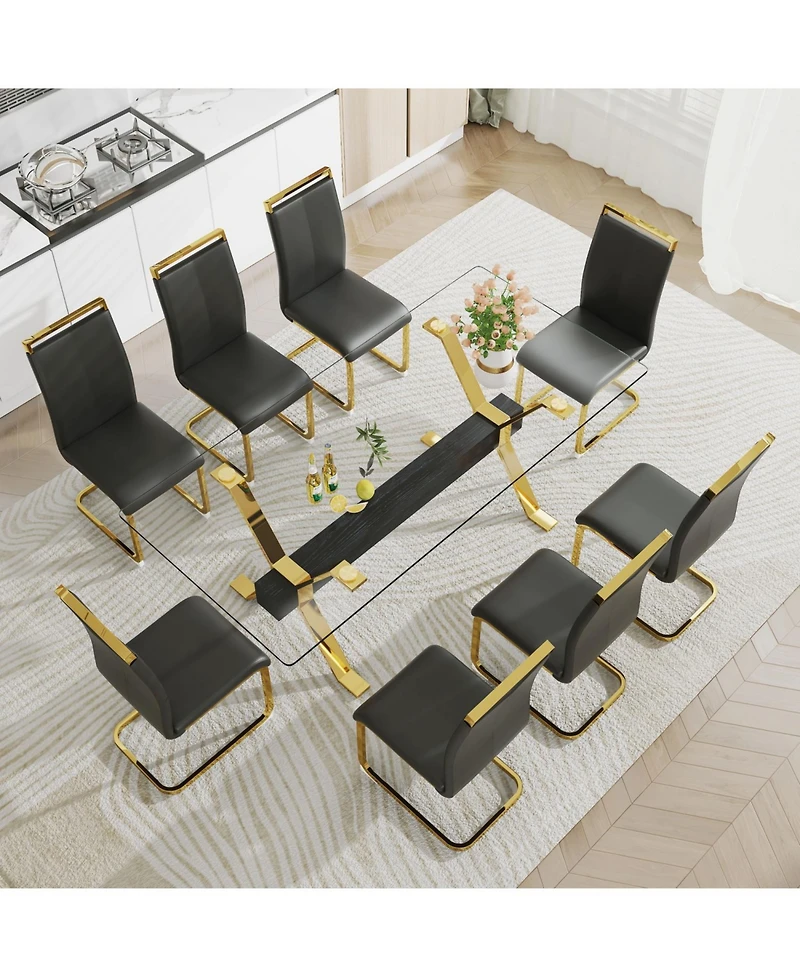 Streamdale Glass Dining Set Table & 8 Black/Gold Chairs