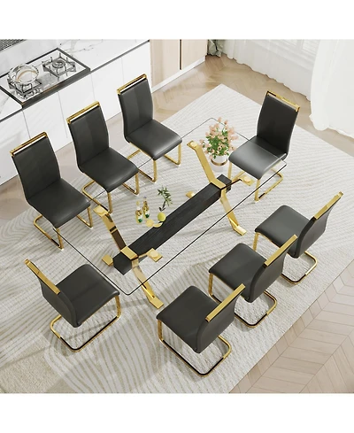 Streamdale Glass Dining Set Table & 8 Black/Gold Chairs
