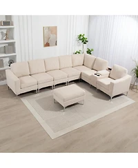 Beige Corduroy Convertible Sectional Sofa with Ottoman, Usb