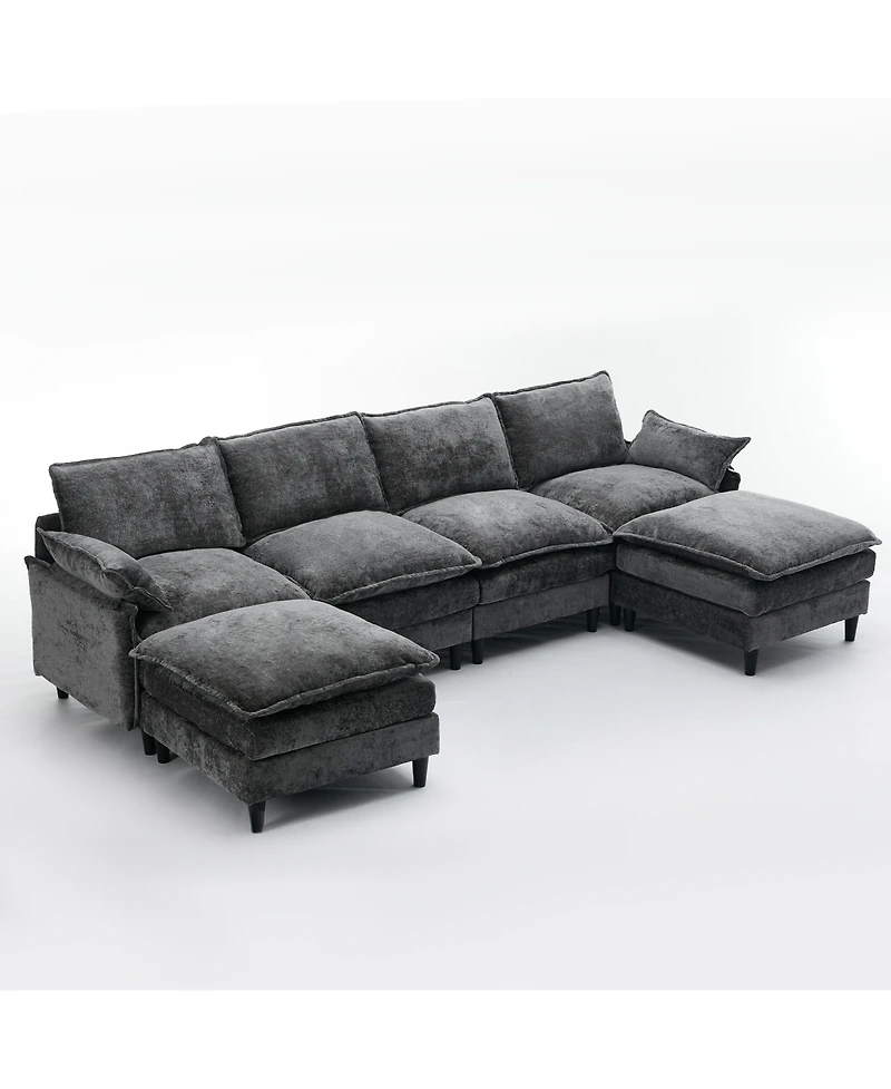 Streamdale Modular U-Shaped Chenille Sofa Couch, 6-Seater with Ottoman, Dark Gray