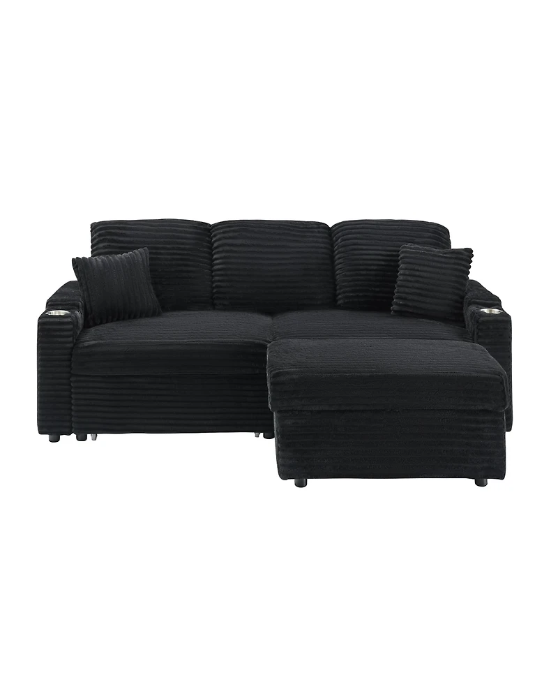 Streamdale 80" Foldable Chaise with Storage and Cup Holders (Corduroy, Black)