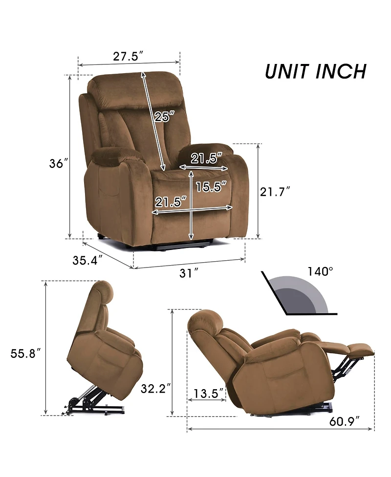 Streamdale Power Recliner Sofa for Seniors Anti-Skid, Cashmere Fabric (Brown)
