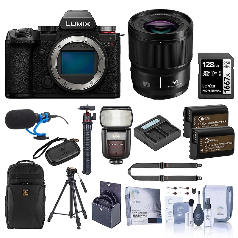 Panasonic Lumix S5II Mirrorless Camera, Black, with Lumix S 50mm f/1.8 Lens, Bundle with Zoom Iii R2 Ttl Flash, 128GB Memory Card, Backpack, 2x Extra
