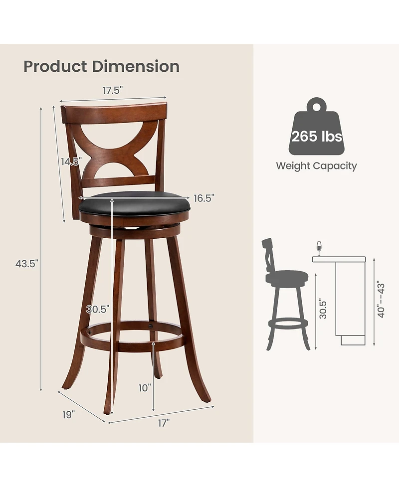 Swivel Bar Stools Set of 2 with Soft Cushion and Elegant Hollow Backrest