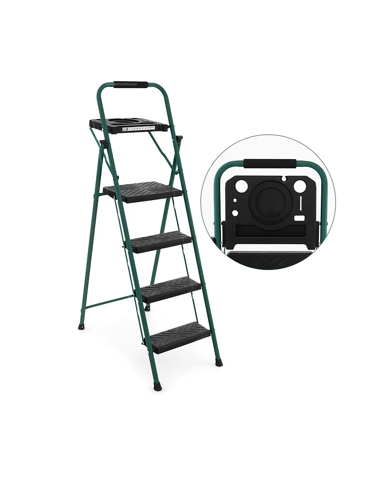 Folding 4-Step Ladder with Tool Tray Non-Slip Footpads and Pedals
