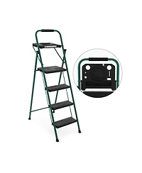Folding 4-Step Ladder with Tool Tray Non-Slip Footpads and Pedals