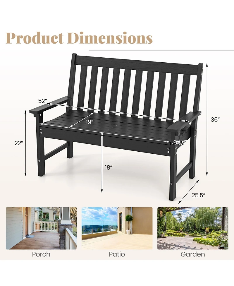 52 Inch All-Weather Hdpe Outdoor Bench with Backrest and Armrests