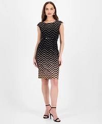 Connected Women's Ottoman Chevron-Print Belted Dress