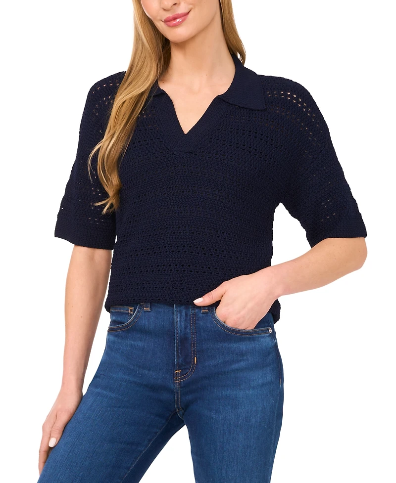 CeCe Women's Open-Knit Short-Sleeve Polo Sweater