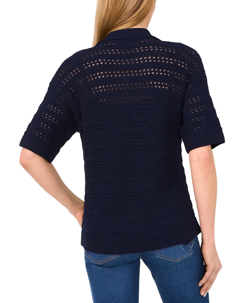 CeCe Women's Open-Knit Short-Sleeve Polo Sweater