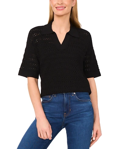 CeCe Women's Open-Knit Short-Sleeve Polo Sweater