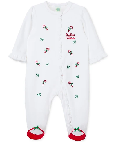 Little Me Baby Girls Candy Cane Velour Footed Coverall