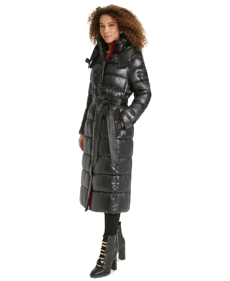 Karl Lagerfeld Womens Shine Hooded Belted Puffer Coat