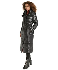 Karl Lagerfeld Womens Shine Hooded Belted Puffer Coat