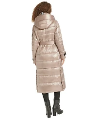 Karl Lagerfeld Womens Shine Hooded Belted Puffer Coat