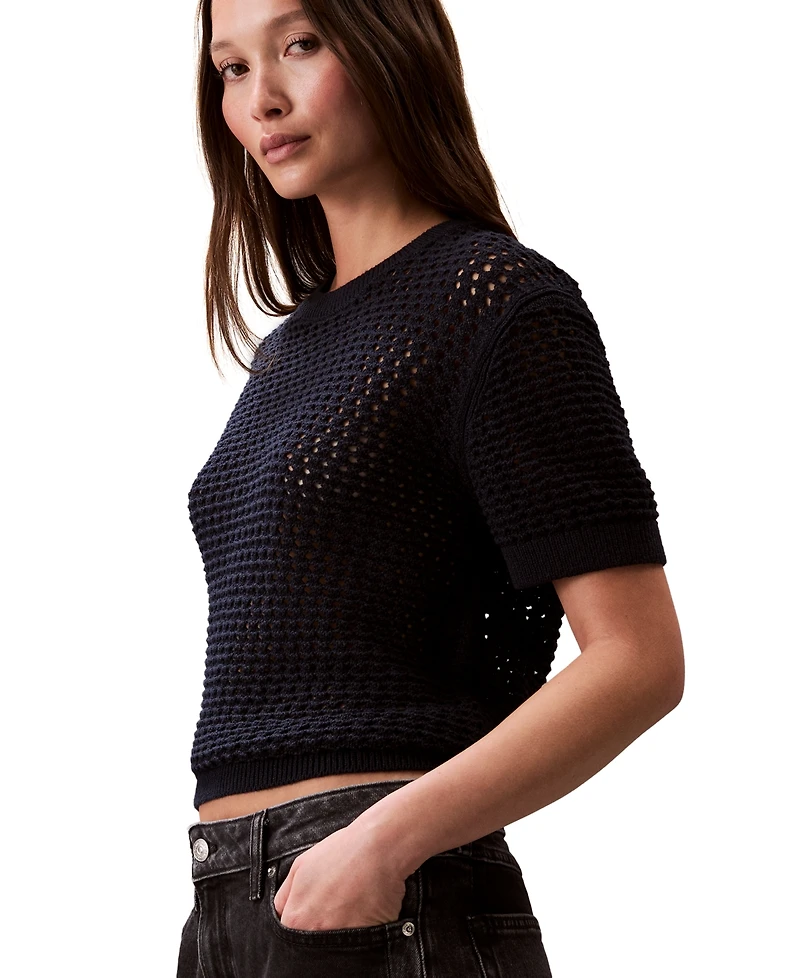 Calvin Klein Jeans Women's Cotton Open-Stitch Short-Sleeve Sweater