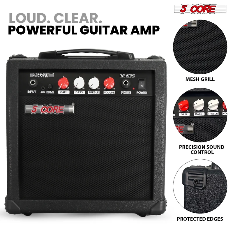 5 Core Guitar Amp 20W Electric Portable Mini Amplifier w Built in 6.5" Speaker Aux Headphone Jack