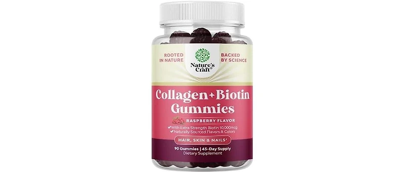 Collagen + Biotin Gummies | Extra Strength Biotin Collagen Supplement | for Hair, Skin, & Nails for Women | Raspberry Flavor | 90ct