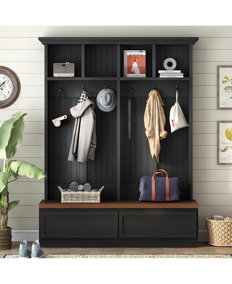 Farmhouse 4-in-1 Hall Tree with Wood Grain Bench, Mudroom Versatile Coat Rack with 2 Large Drawers, Large Entrance Organizer with 6 Black Hooks for Ha
