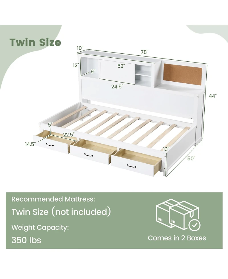 Gymax Twin Size Daybed w/ 3 Drawers Wooden Sofa Bed Frame w/ Storage Shelves