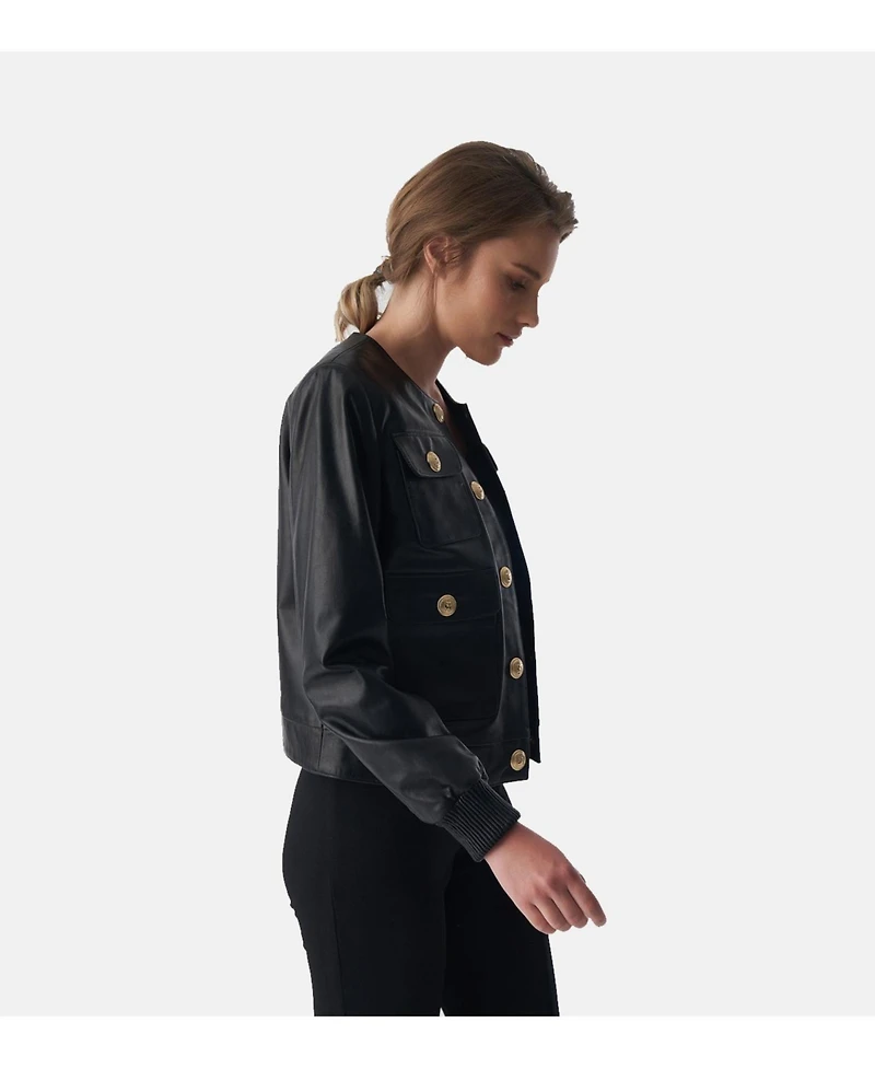 Furniq Uk Women's Collarless Stunning Studs Closure Leather Jacket, Black