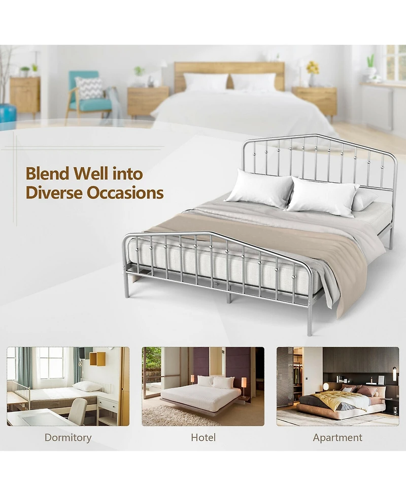 Gymax Queen Size Metal Bed Frame Platform Headboard & Footboard W/Storage Sliver