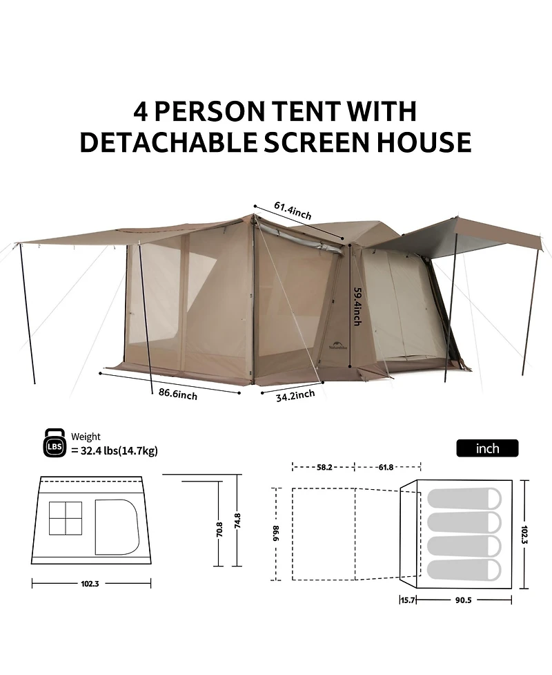 Naturehike Village Camping Tent,4/6/8 Person Tents for Camping, 60S Easy Setup Instant Tent for Family Camping