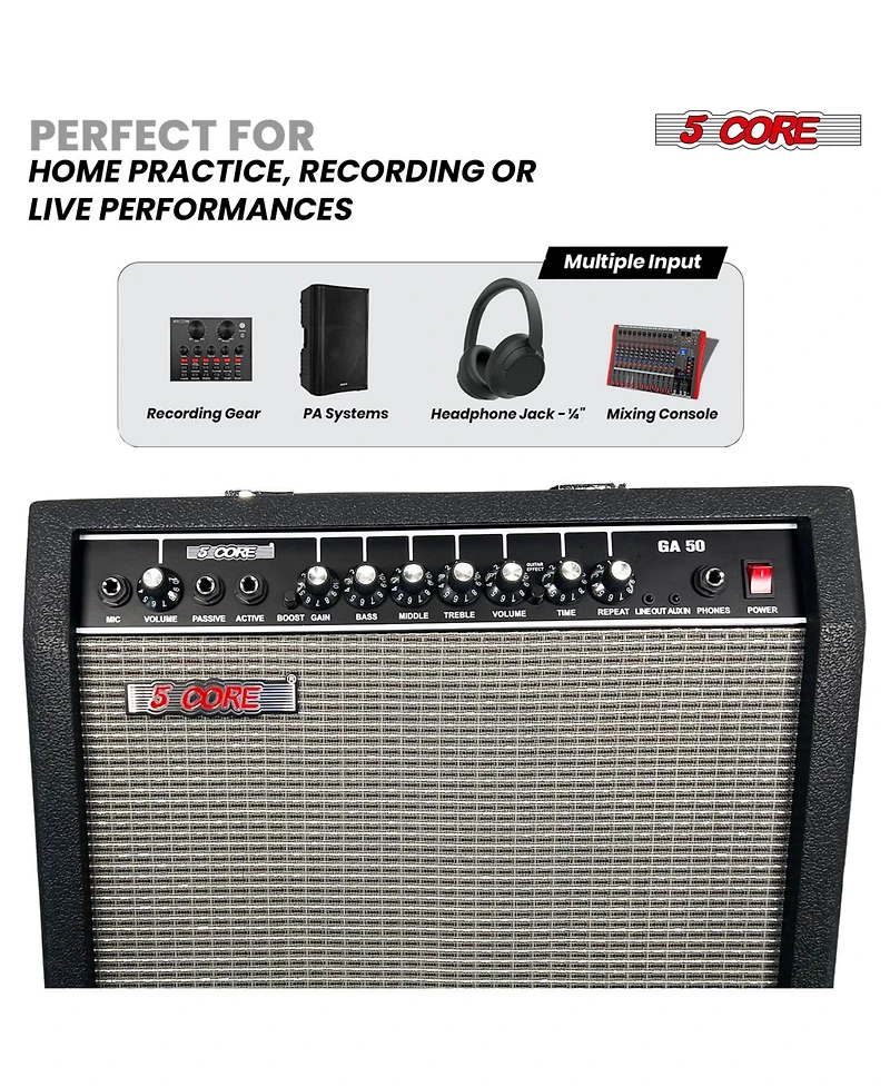 5 Core Guitar Amp 50 Watt Electric Amplifier w Built in 8" Speaker Portable Mini Amps w Aux