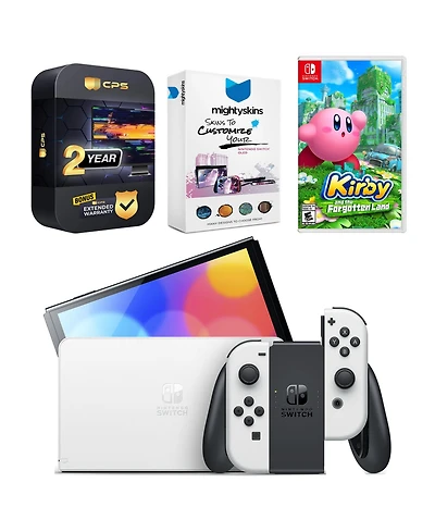 Nintendo Switch Oled Console Mario Kart 8 Deluxe Bundle with Kirby and the Forgotten Land, MightySkins Console and Controller Skin Voucher, and 2 Year