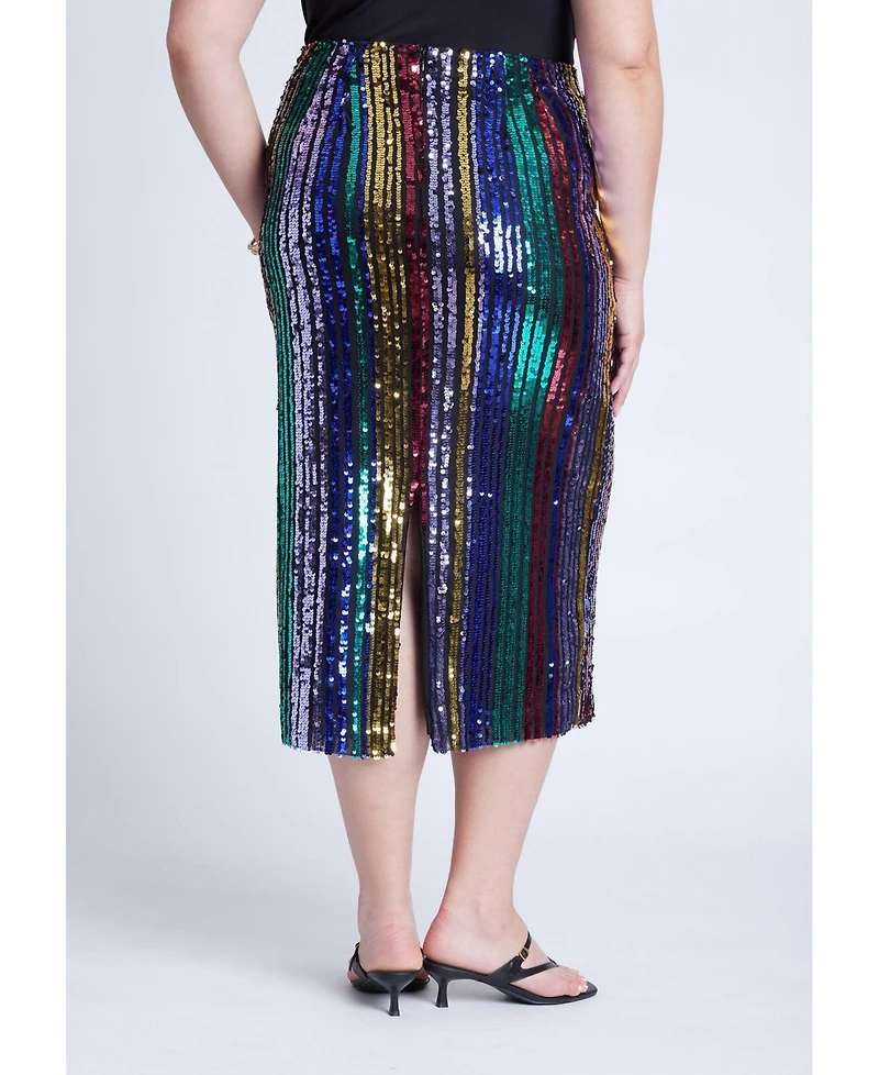 Eloquii Women's Rainbow Striped Sequin Midi Skirt