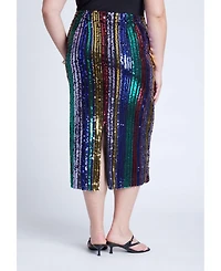 Eloquii Women's Rainbow Striped Sequin Midi Skirt