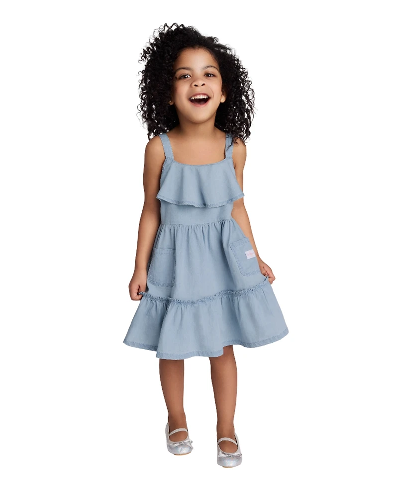 Calvin Klein Toddler and Little Girls Patch Pocket Ruffled Hem Denim Dress