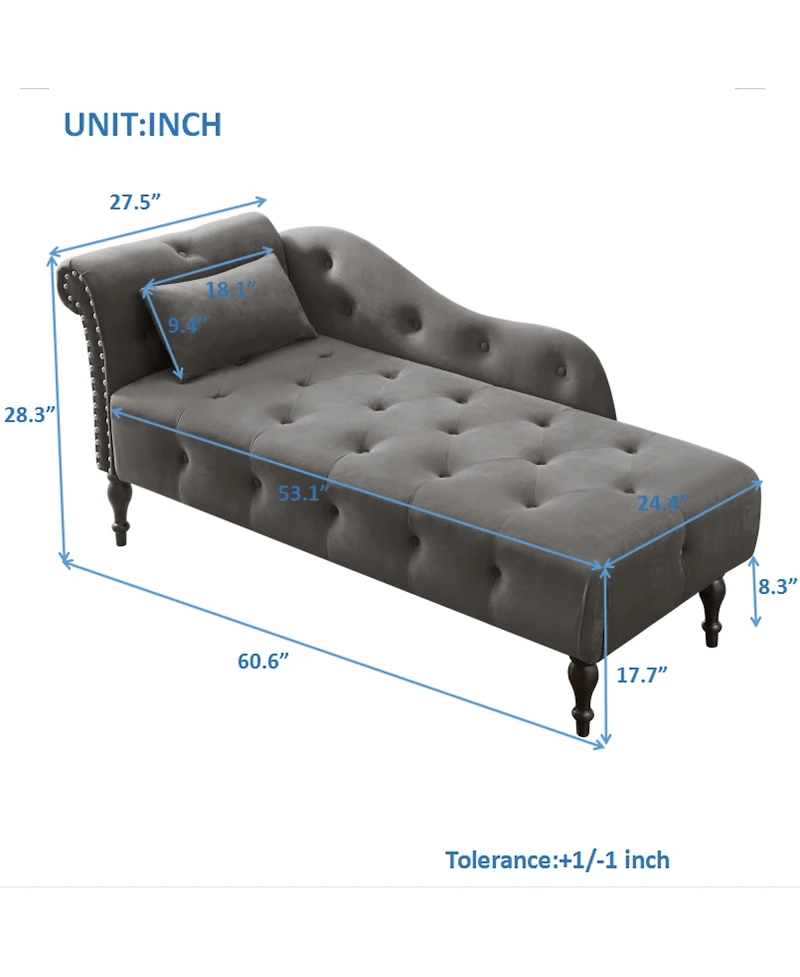60 Inch Velvet Tufted Chaise Lounge with Nailhead Trim Solid Wood Legs and Pillow for Living Room Bedroom Reading or Relaxing-The Pop Home