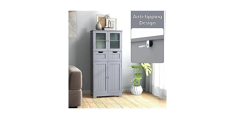 4 Door Freestanding Bathroom Floor Storage Cabinet with 2 Drawers and Glass Doors