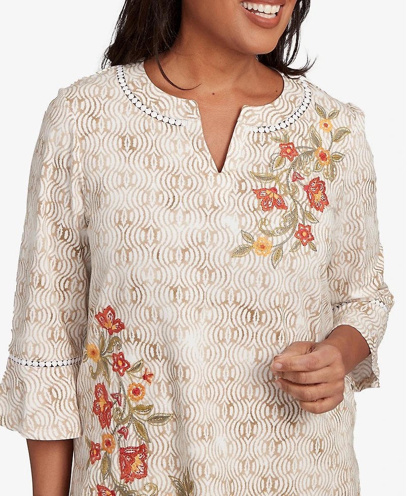 Alfred Dunner Petite Copper Canyon Printed Floral Bell Sleeve Embroidered Top