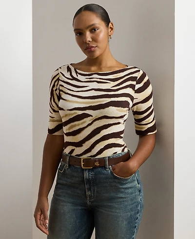 Lauren Ralph Plus Zebra-Print Stretch Cotton Boatneck Tee