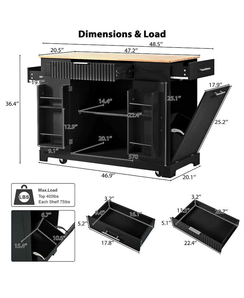 Streamdale Fluted Kitchen Island Cart Trash Storage, Power, Drawers
