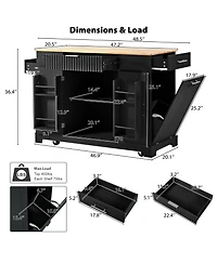 Streamdale Fluted Kitchen Island Cart Trash Storage, Power, Drawers