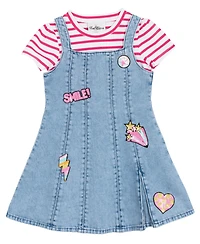 Rare Editions Toddler and Little Girls 2-Piece Stripe T-Shirt Denim Jumper Dress Set