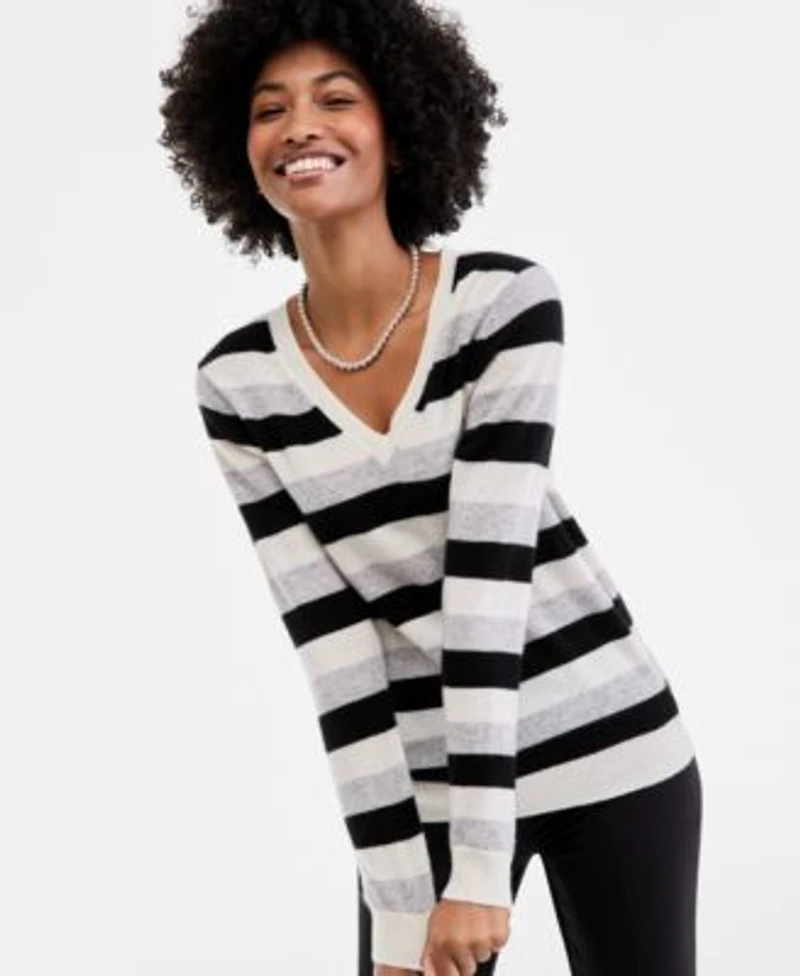 Charter Club Womens 100 Cashmere Striped V Neck Sweater Pxs Xxl Macys Exclusive