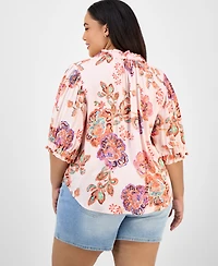 Democracy Trendy Plus Floral-Print Ruffle-Trim Blouse